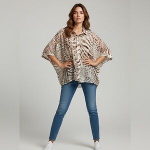 Chico's Chicos Animal Print Sheer Blouse Button Down Shirt Size 1 L/XL Short Slv